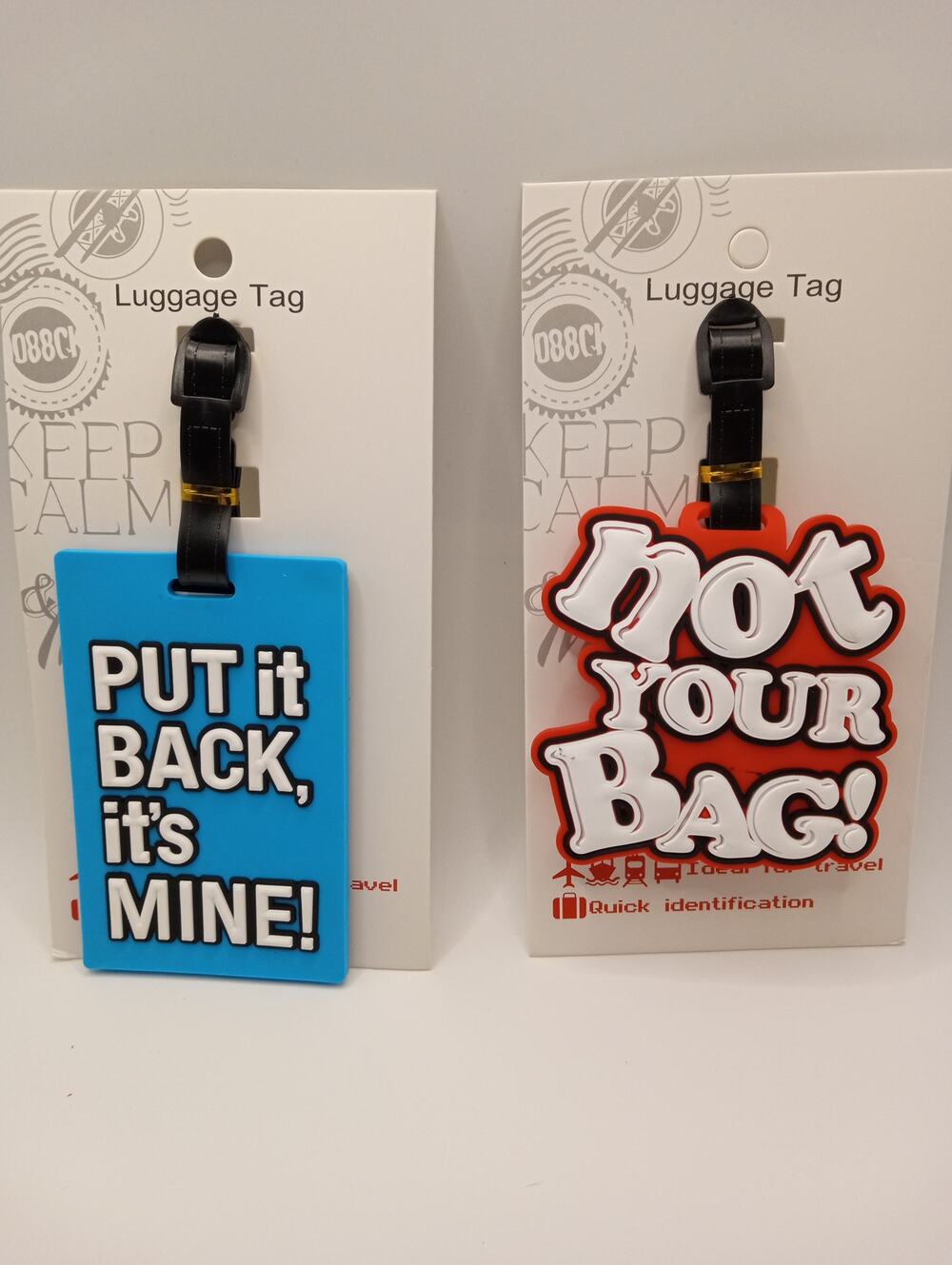 2 Luggage Tag Tags Funny Funky "Not your bag!" & "Put it back, IT'S MINE!"